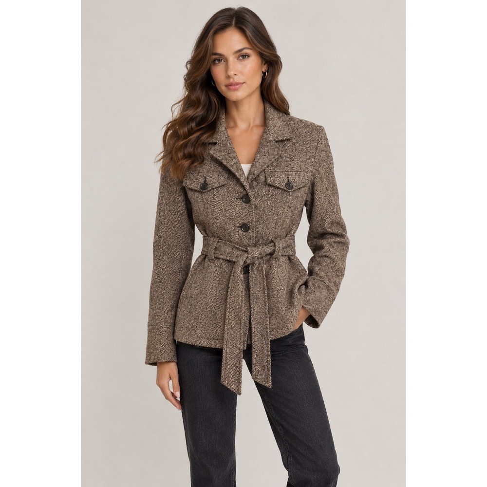 Donnybrook Women XS Brown‎ Tweed Belted Wool Blend Jacket Coat Career Profession